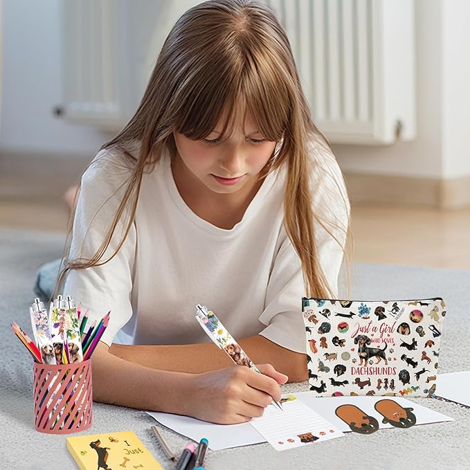Dachshund Gifts for Women, Wiener Dog Stationery Sets, Weenie Puppy Lovers Sticky Notes Makeup Bag & 4 Ballpoint Pens Cute Animal Accessories School Office Stocking Stuffers for Christmas, Birthday