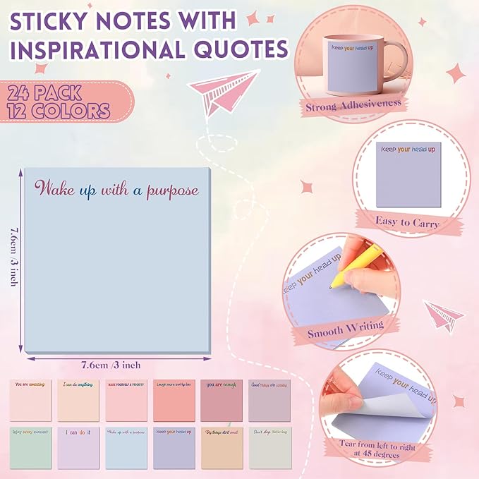 Yinder 24 Pcs Inspirational Sticky Notes Thank You Gift Motivational Sticky Note Pad Employee Appreciation Gift Bulk for Staff Coworker Teacher Nurse Office Groups 3 x 3'' (Inspire,Aesthetics)