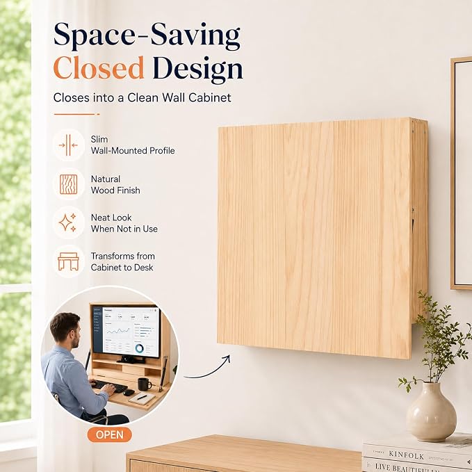 31 Inch Wall Mounted Folding Desk with Storage & Monitor Mount, Floating Fold Down Desk with Dual Gas Struts, Lockable Space Saving Desk, 200 lb Capacity for Home Office, Bedroom and Apartments