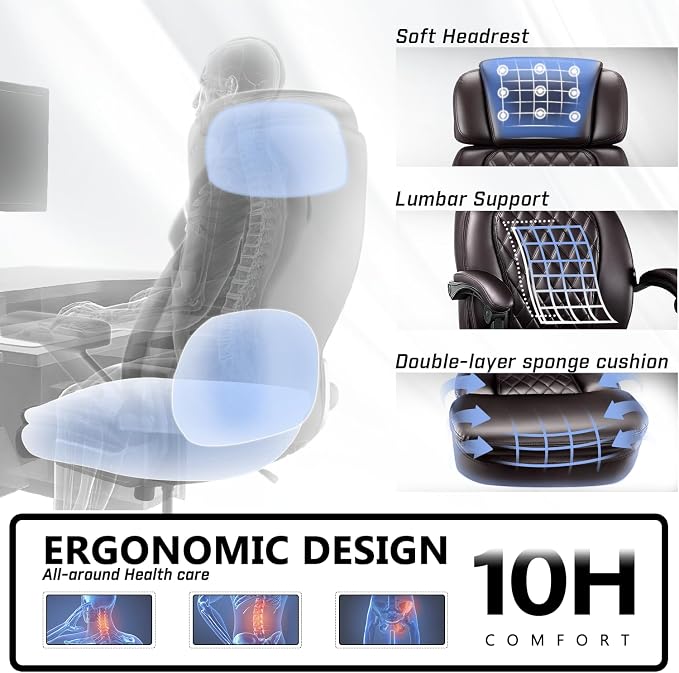 400lbs Executive Office Chair with Foot Rest for Heavy People, Ergonomic Big and Tall Desk Chair with Adjustable Headrest, High Back PU Leather Comfy Heavy Duty Computer Chair