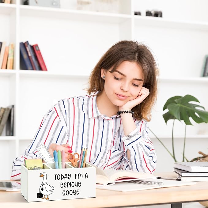 Funny Goose Pen Pencil Holder for Desk, Office Humor Gifts for Coworkers, Today I'm a Serious Goose Wooden Box Sign Organizer for Office Workplace Desk Accessories Tabletop Decorations