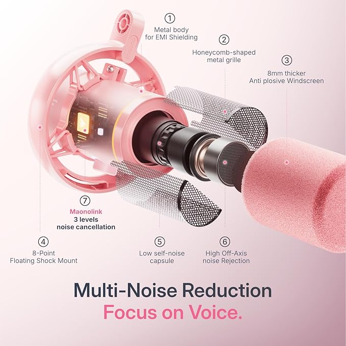 MAONO PD200W Hybrid Wireless Podcast Microphone for PC, Dynamic XLR USB Mic with Desktop Stand, Software, Noise Cancellation, for Vocal Recording, Streaming, Content Creation, Pink