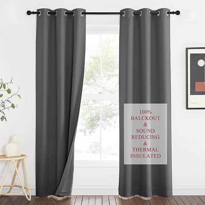 NICETOWN Noise Insulation Curtain Panels, Pair of Energy Smart & 100% Blackout Echo of Sounds Reducing Drapes for Dining Room Window, Thermal Guest Room Lined Window Dressing(Gray, 42 x 84 inch)