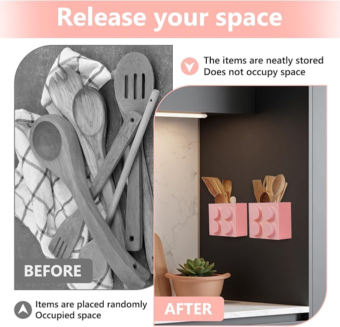 Magnetic Basket Organizer for Fridge - Lego-Style ABS Plastic Storage Box,No Drill Design for Kitchen Counter, Microwave & Whiteboard, Holds Up to 3.5 lbs(Pink)