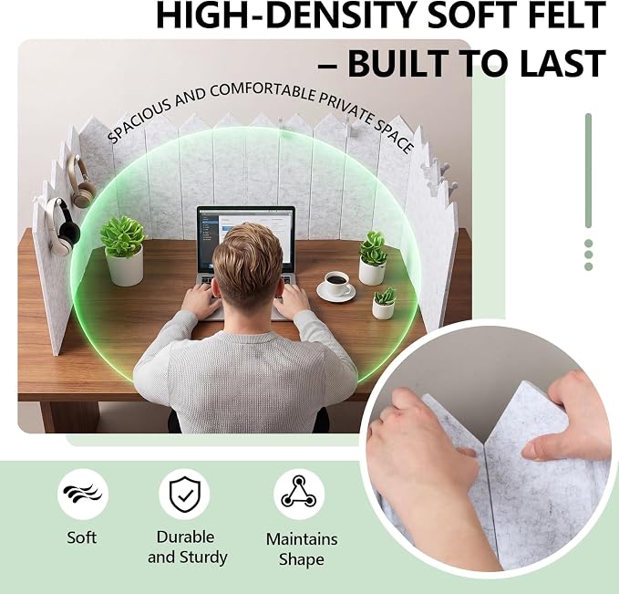 86.5 x 16'' Foldable Felt Desk Divider with 25 Thumbtacks & 8 Clips, Acoustic Desk Partition Privacy Panel, Versatile Cubicle Shield Hanging Note Item, for Office Home (Triangular)