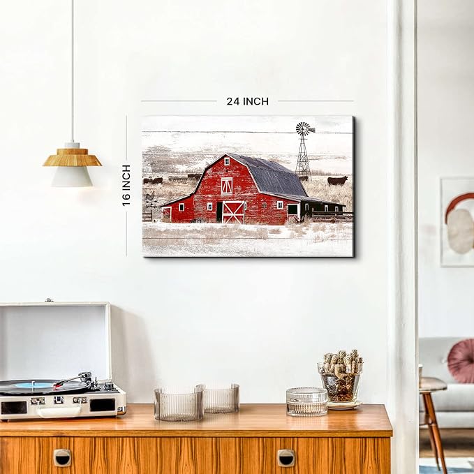 Farmhouse Barn Wall Art Rustic Windmill Wall Decor for Living Room Kitchen, Country Landscape Painting, Vintage Highland Cow Canvas Prints Rustic Old Barn Poster Artwork Cabin Home Decoration 16x24”