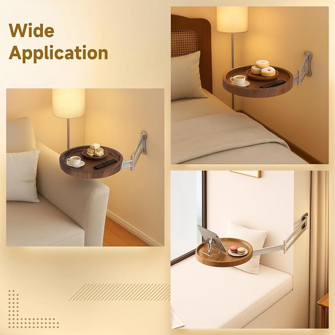 Folding Wall Mounted Table Round Tray, Extendable Desk with Metal Arm, Rotating Floating Shelf, Fold Down Space Saving Side Table, Nightstand Extender for Bedroom, Living Room, Bay Window