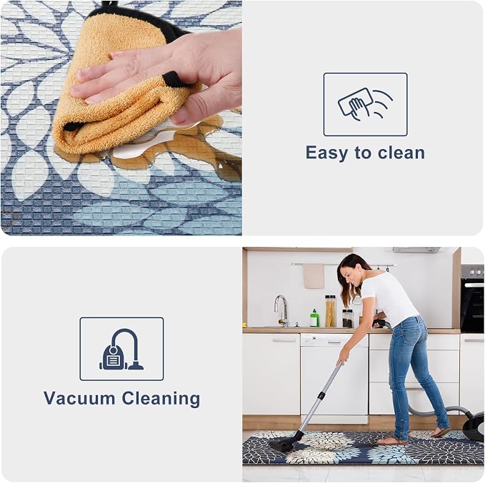 KIMODE Anti Fatigue Mats for Kitchen Floor Comfort Cushioned Rugs Sets of 2 | 20"x32"+20"x47",Blue,Floral Farmhouse, Waterproof,Ergonomic Standing Mat 2PCS,,Non Slip,Kitchen Sink Rug,Laundry Office