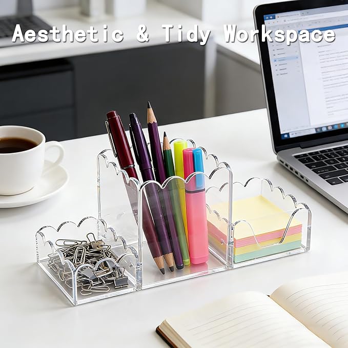 Acrylic Desk Organizer Set of 3,Magnetic Modular Pen Holder with Sticky Note & Paperclip Tray, Clear Aesthetic Desk Accessories for Home Office, Desk Decor for Women Men, Small Space Office Supplies