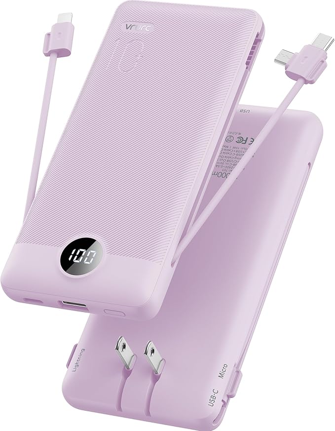 VRURC Portable Charger Built-in Cables and AC Wall Plug,Power Bank 10000mAh | Travel Essentials Phone Charger Compact Lightweight External Battery Pack for Smart Phones, Tablets etc (Purple)