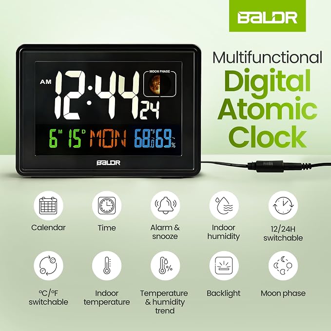 Baldr Digital Alarm Atomic Clock, 7'' Display with Adjustable Brightness | Large Desk Clock Indoor Temperature, Humidity & Moon Phase for Living Room Bedroom, Adapter Powered, Black