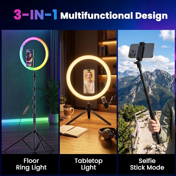 PEYOU 12" Selfie Ring Light with 73" Extendable Tripod Stand and Phone Holder, 38 Color Modes Dimmable RGB Ring Light,3-in-1 Desk & Floor Use for iPhone, Makeup, TikTok, YouTube, Live Streaming