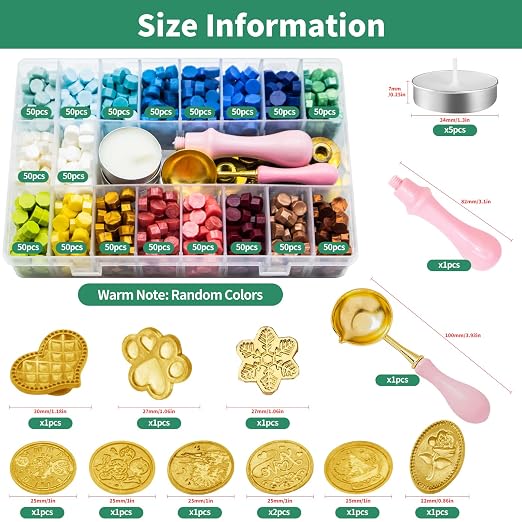 917Pcs Letter Sealing Kit Contains 18 Colors Wax Seal Beads, 10Pcs Stamps with Handle, Wax Spoon and Candle for Christmas Gift Wrapping & Envelope Sealing, Wedding Invitation