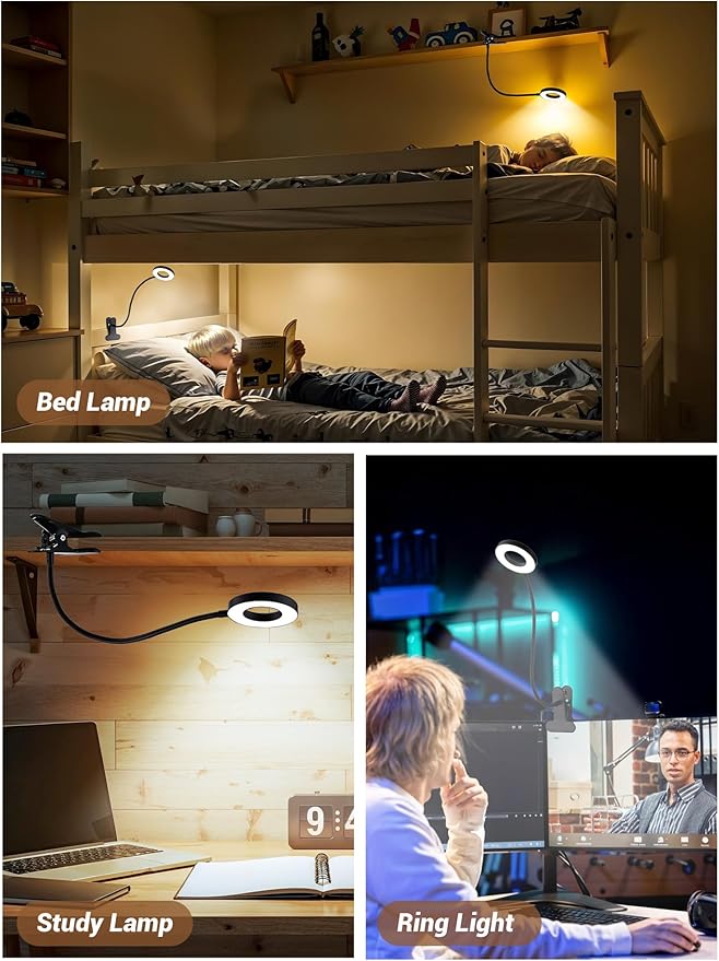 Clip on Lamp,5 Colors+10 Brightness Memory LED Desk Lamp with Clamp Light | 550lm Bright Clip on Light for Bed Headboard/Bedside Table,360° Adjustable Reading Light for Bed/Dorm/Nail/Puzzle,USB Adapter
