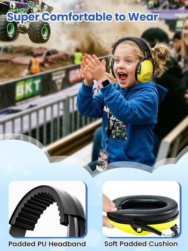 Dr.meter Ear Protection for Kid: EM100 SNR27.4 Kids Noise Cancelling Headphones with Adjustable Headband - Kid Hearing Protection for Monster Truck Mowing Demo Derby and Concert - Yellow