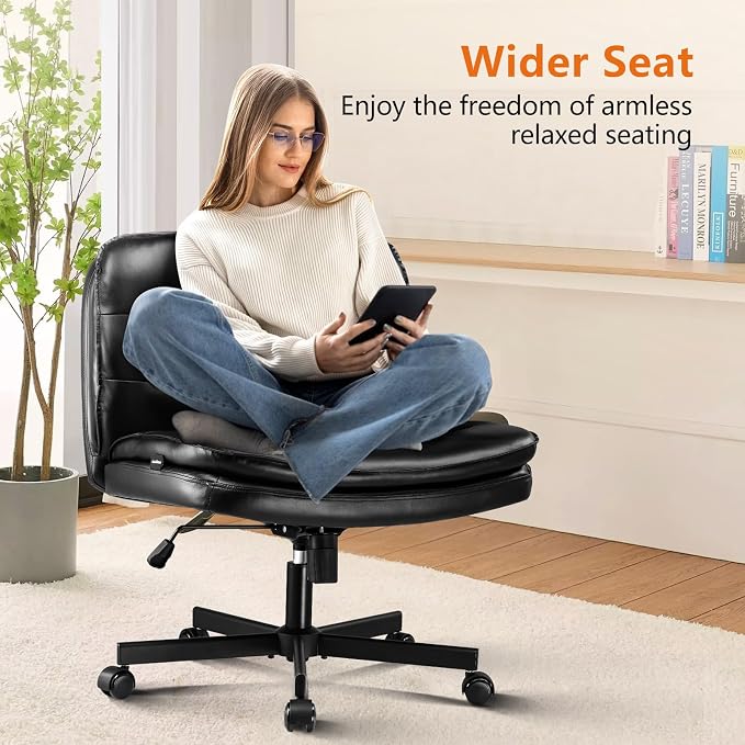 COMHOMA Criss Cross Chair with Wheels Armless Cross Legged Office Chair Wide Home Office Desk Chair Swivel Comfy Vanity Desk Chair Height Adjustable Mid Back Wide Seat Computer Task Chair