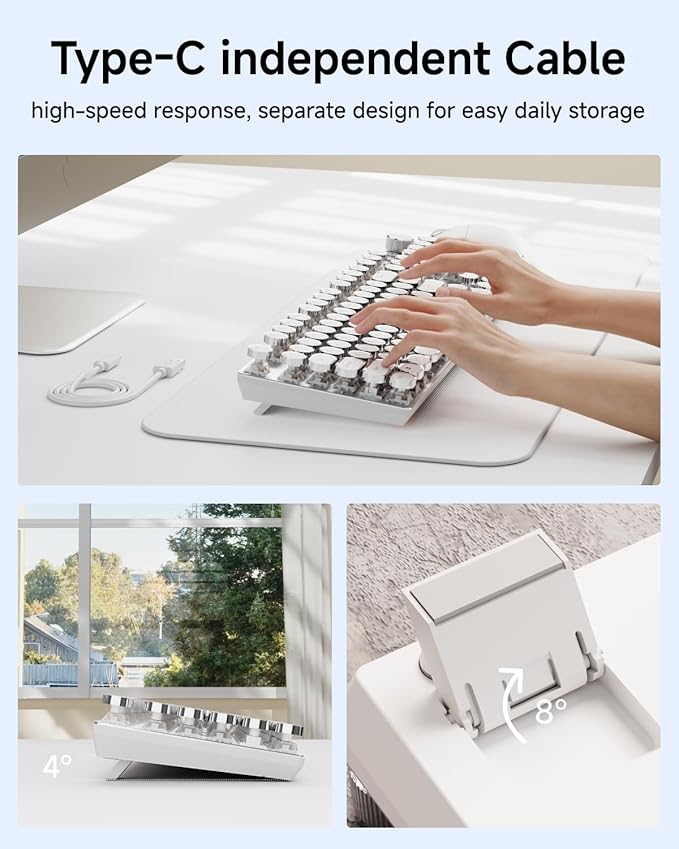 EWEADN Typewriter Style Mechanical Keyboard, Wired Typewriter Keyboards,104 Keys Backlit LED Metal Keyboards, Media Control Knob, Wired Computer Keyboard White Switch for Windows/Mac/PC-White