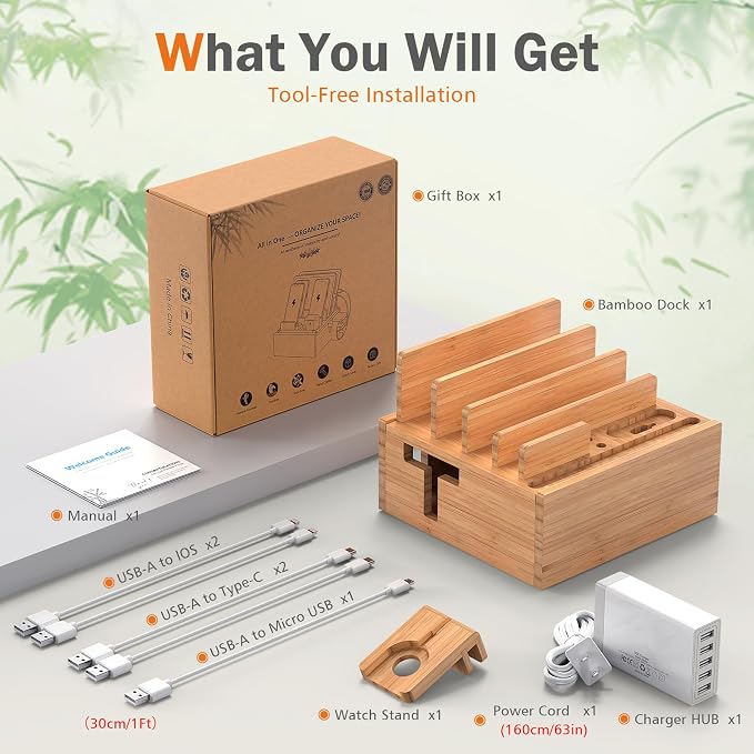 Pezin & Hulin Bamboo Charging Station for Multiple Devices with 5-Port HUB | Desktop Organizer, Wooden Docking Stations, All-in-1 Bamboo Dock Rack for Phones, Tablets, Watch–with 5 Cables