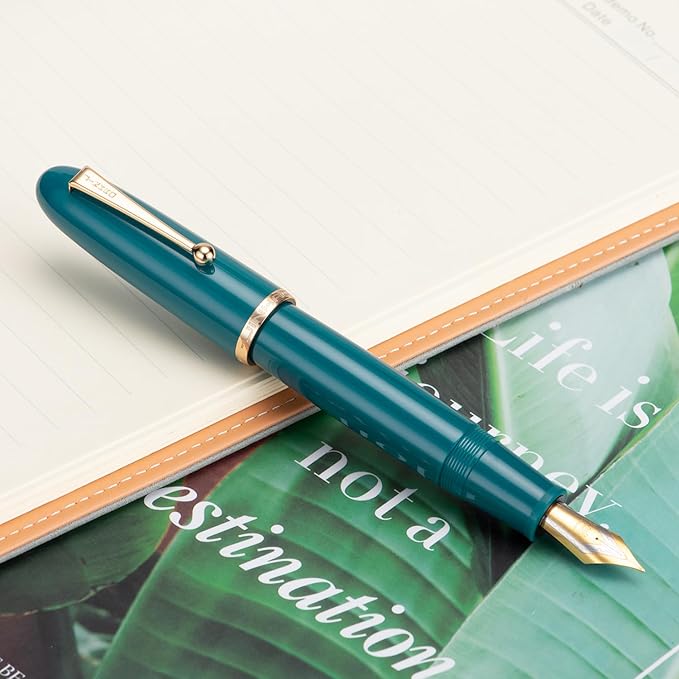 Jinhao 9019 Fountain Pen Lake Blue Acrylic Dadao Series Gold Trim #8 Fine Point Large Converter Smooth Writing Instrument