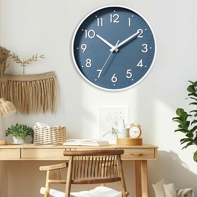 Mosewa Small 8 Inch Wall Clock Battery Operated Silent Non Ticking Analog | Azure Blue modern clock; oversized 3D easy-read dial for kitchen, bedroom & office; 1 AA battery (not included)