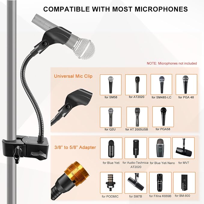 Gooseneck Microphone Stand, Flexible Mic Arm Stand, Desk Mic Stand With Super Clamp Mount Mic Clip and 3/8" to 5/8" Adapter, Compatible with Shure/Fifine / AT2020 / Pyle/Blue Snowball/Razer (13 Inch)