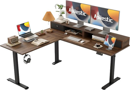 Agilestic L Shaped Electric Standing Desk with 2 Drawers, 63 Inch Ergonomic Adjustable Height Desk with Storage, Corner Desk Sit Stand up Computer Table for Work Office Home, Dark Walnut