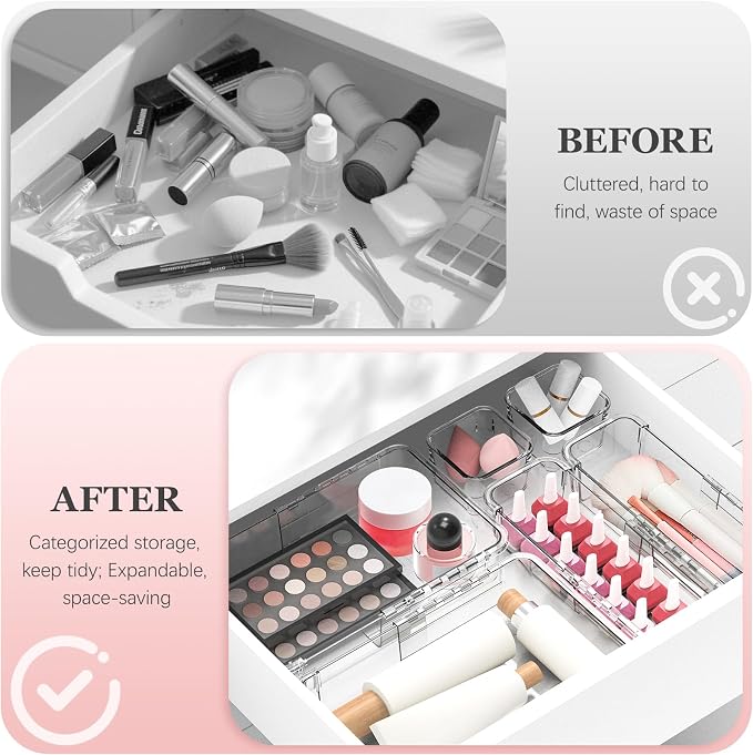 DILIBRA 16 Pcs Clear Extendable Drawer Organizer, Adjustable Drawer Storage | 3-Size Desk Drawer Organizer, Plastic Non-Slip Storage Bins for Makeup Cosmetic Jewelries Utensils Stationery Dressers Tool