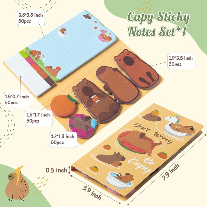 B1ykin Cute Sticky Notes Set - Don’t Worry Be Capy Self-Stick Notes Pad, 550 Sheets Writing Memo Pages Sticky Notepad for Teacher Appreciation Gift School Office Party Favors Supplies (Capy)