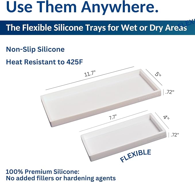Countertop & Vanity Silicone Tray – 2 PC (11.7" & 7.7") Set | Bathroom Tray & Kitchen Soap Tray Set, Bathroom Counter Tray, Kitchen Sink Dish Soap Tray for Countertop Organization