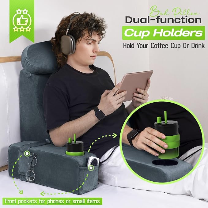 21 INCH Reading Pillow for Adults, Back Pillow for Bed Sitting Up, Backrest Pillow for Sitting in Bed, Detachable Arms with Built-in Cup & Phone Caddy (Dark Gray, 21 INCH)