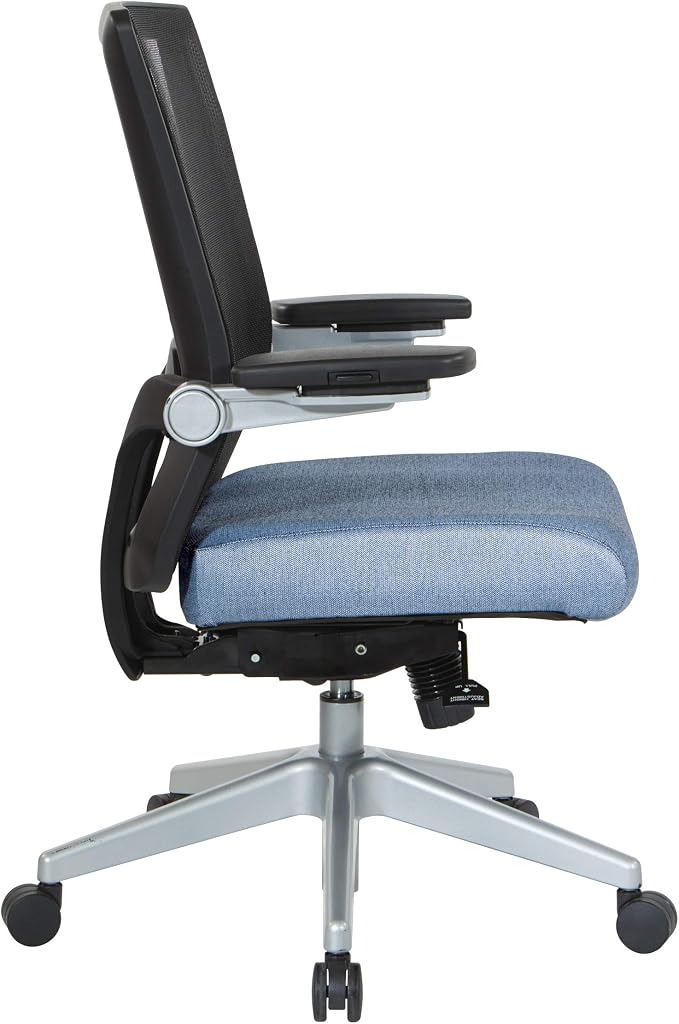 Space Seating 867 Series Adjustable Manager's Chair with Breathable Mesh Back, Lumbar Support and Padded Flip Arms, Blue Fabric Seat with Silver Nylon Base