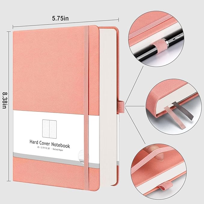 AHGXG Dotted Journal - 320 Numbered Pages Dot Grid Notebook A5 Thick Journal, 100gsm Thick Dotted Paper, Leather Hardcover,Inner Pocket, 5.75'' × 8.38'', Pink