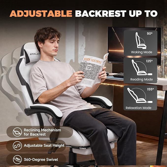 GTPLAYER Gaming Chair with Footrest, Ergonomic Office Chair 400lbs Heavy Duty, Big and Tall Computer Desk Chair with Lumbar Support and Headrest, Breathable Tech Fabric, 90-155° Recline Grey