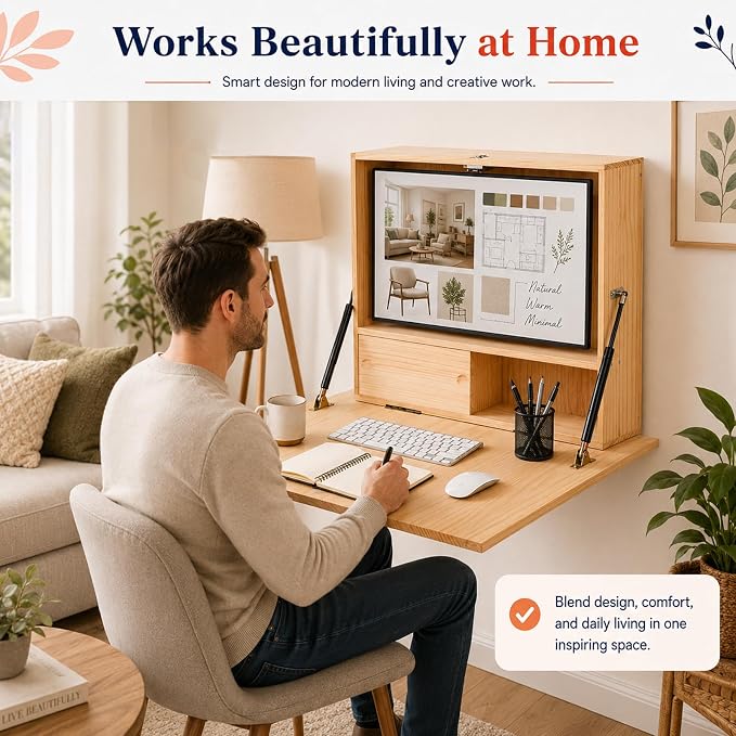 31 Inch Wall Mounted Folding Desk with Storage & Monitor Mount, Floating Fold Down Desk with Dual Gas Struts, Lockable Space Saving Desk, 200 lb Capacity for Home Office, Bedroom and Apartments