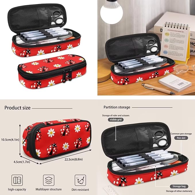 Ladybug Girls Backpack Set 4 PCS, 17 Inch Daisy Floral School Bag with Insulated Lunch Bag for Elementary Kids Ages 6-8 Back to School Gift, Red Back Packs