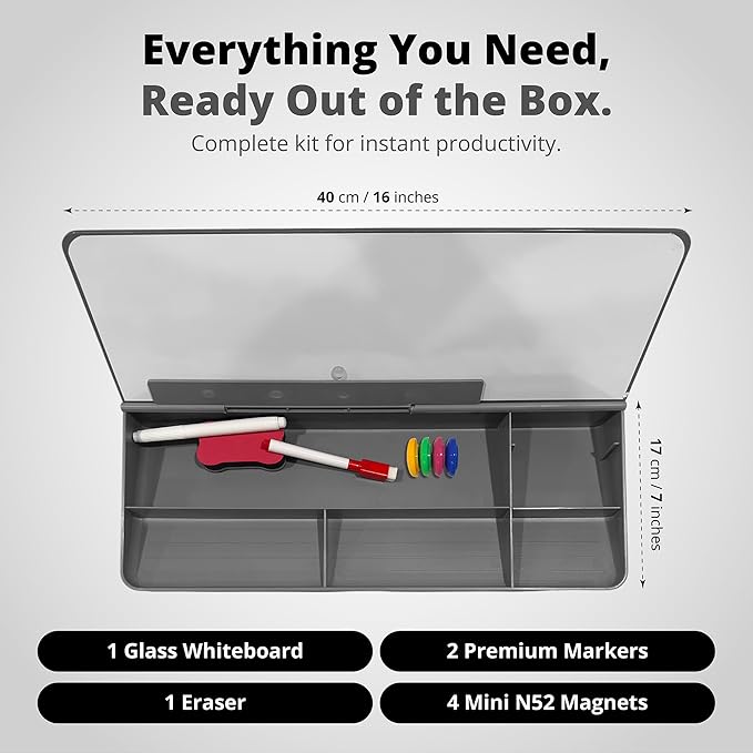 Magnetic Desktop Whiteboard with Storage, Desk Organizer Dry Erase Frosted Glass White Board with Strong Magnets and Phone Stand, Premium Desk Organizer for Home Office and School Supplies