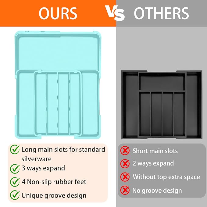 Silverware Organizer - Expandable Silverware Drawer Organizer Adjustable Drawer Organizer, Silverware Tray for Drawer15.2"x 19" Cutlery Drawer Organizer, Kitchen Organizers Storage, Turquoise
