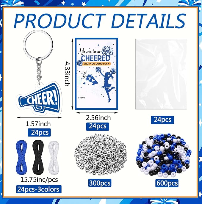 Suncalla 996 Pcs 24 Set Cheer Keychain Making Kit DIY Key Chain Crafts Cheerleader Gifts Cheerleading Bag Charms Adjustable Letter Beads Cards Strings Blue Kit for Backpack Team Gift Sport Accessory