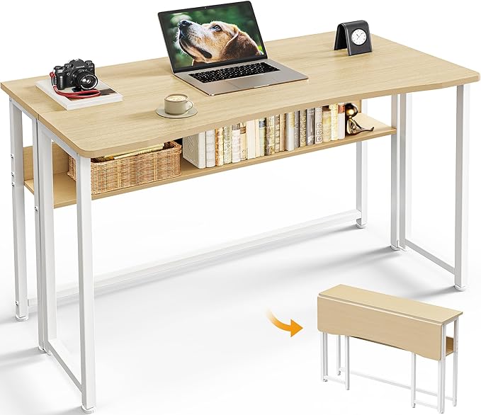 Huuger Folding Desk with Storage Shelf, 39.3 Inch Foldable Computer Table for Small Spaces, Space Saving Sofa Table for Couch, Writing Work Office Computer Desk, Easy to Fold, Oak