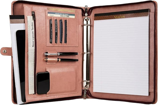 3-Ring Portfolio Padfolio for Women, Vegan Leather Binder, Pink, Zipper, Handmade Portfolio Organizer, Personalized for Lefty & Righty