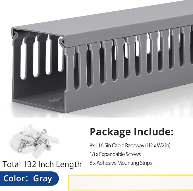 2" H x 2" W Cable Raceway, 132in Under Desk Wire Management Channel, Grey | Slotted Wire Duct, 8Pack, 16.5in Each, Heavy-Duty PVC Cable Management for Server Racks, Network Cables & Electrical Cabinets