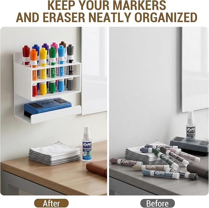 MyGift Dry Erase Marker Holder 10 Slots Whiteboard Marker Holder For Wall Dry Erase Eraser Holder Wall Mount White