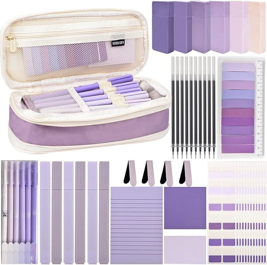 ChezAbbey 47Pcs Aesthetic School Supplies with Pencil Pouch - Cute College Essentials Set, Big Capacity Pen Case, Pastel Highlighters, Bible Study Journaling Stationary Kit (Purple)