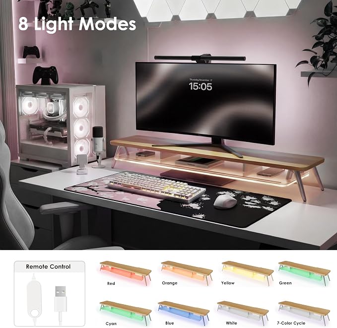 Fenge 42.5 Inch Monitor Stand with LED Lights, Dual Monitor Riser with Acrylic Shelf & Aluminum Legs, Desk Monitor Shelf for Home Office & Gaming, Dark Oak