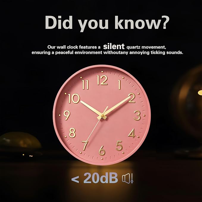 Mosewa 10 Inch Wall Clock Battery Operated Silent Non Ticking Analog | Pink Gold modern clock; oversized 3D easy-read dial for kitchen, bedroom & office; 1 AA battery (not included)