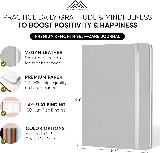 Gratitude Journal & Self Care Journal - Guided Journal, Mindfulness Journal & Mental Health Journal All-In-One - Premium Daily Journal For Women & Men - A5 5.8" x 8.3" - Grey