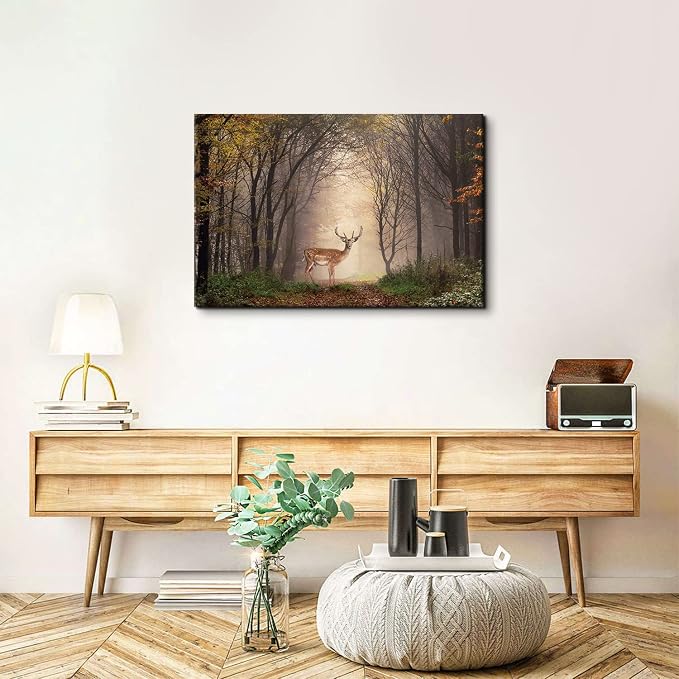 Wild Animal Landscape Canvas Wall Art Deer in Autumn Foggy Forest Picture Wall Decor Elk Wildlife Scenery Photo Prints Painting Decoration for Modern Living Room Bedroom Bathroom Home Art 24x36 Inch