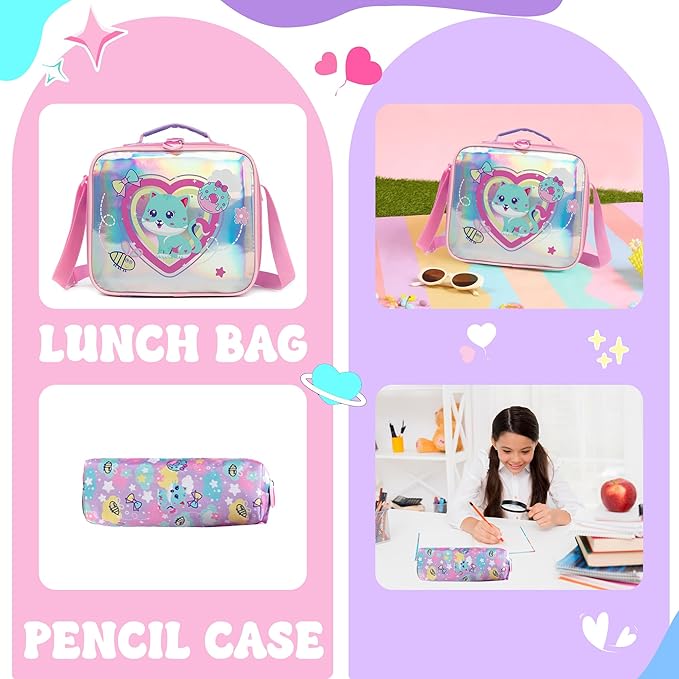Rolling Backpack for Kids Girls Rolling Backpack for School Roller Backpacks for Girls 8-12 Cute Schoolbag Backpacks with Wheels for Kids with Lunch Box Back to School Supplies