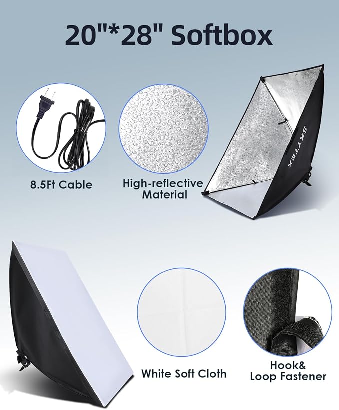 Skytex Softbox Lighting Kit 2Pack 20x28in Soft Box | 85W 2700-6400K E27 LED Bulb Continuous Photography Lighting, Photo Studio Lights Equipment for Camera Shooting, Video Recording