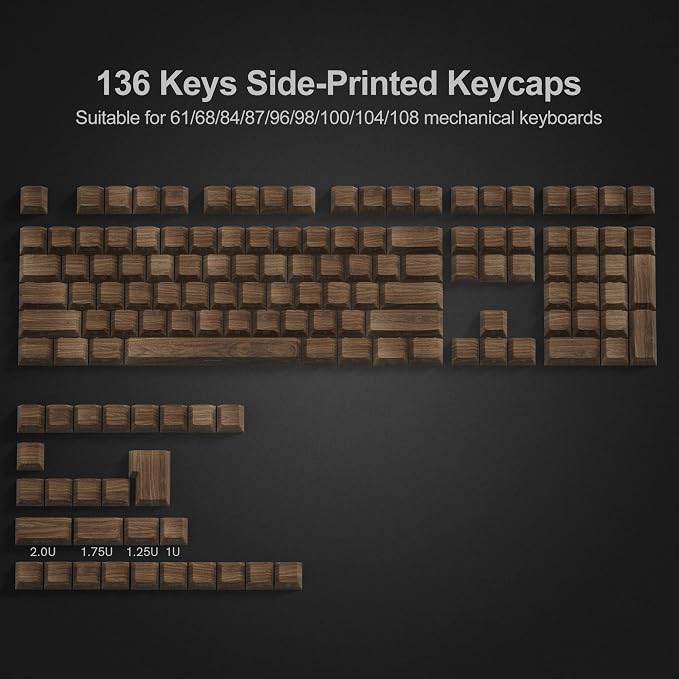 dagaladoo Doubleshot PBT keycaps 60 75 100 Percent,Brown Key caps Shine Through,Side Print Custom Keycap,Cherry Profile Keyboard caps for Machine Keyboard(Walnut Textures)